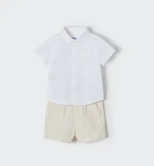 Mayoral Baby Boys White S/S Button Up Shirt & Beige Striped Shorts Set