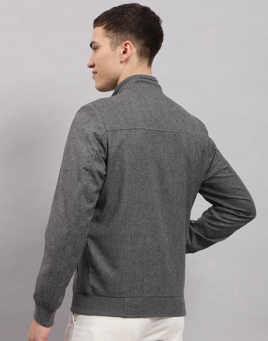 Men Grey Self Design Mock Neck Full Sleeve Jacket