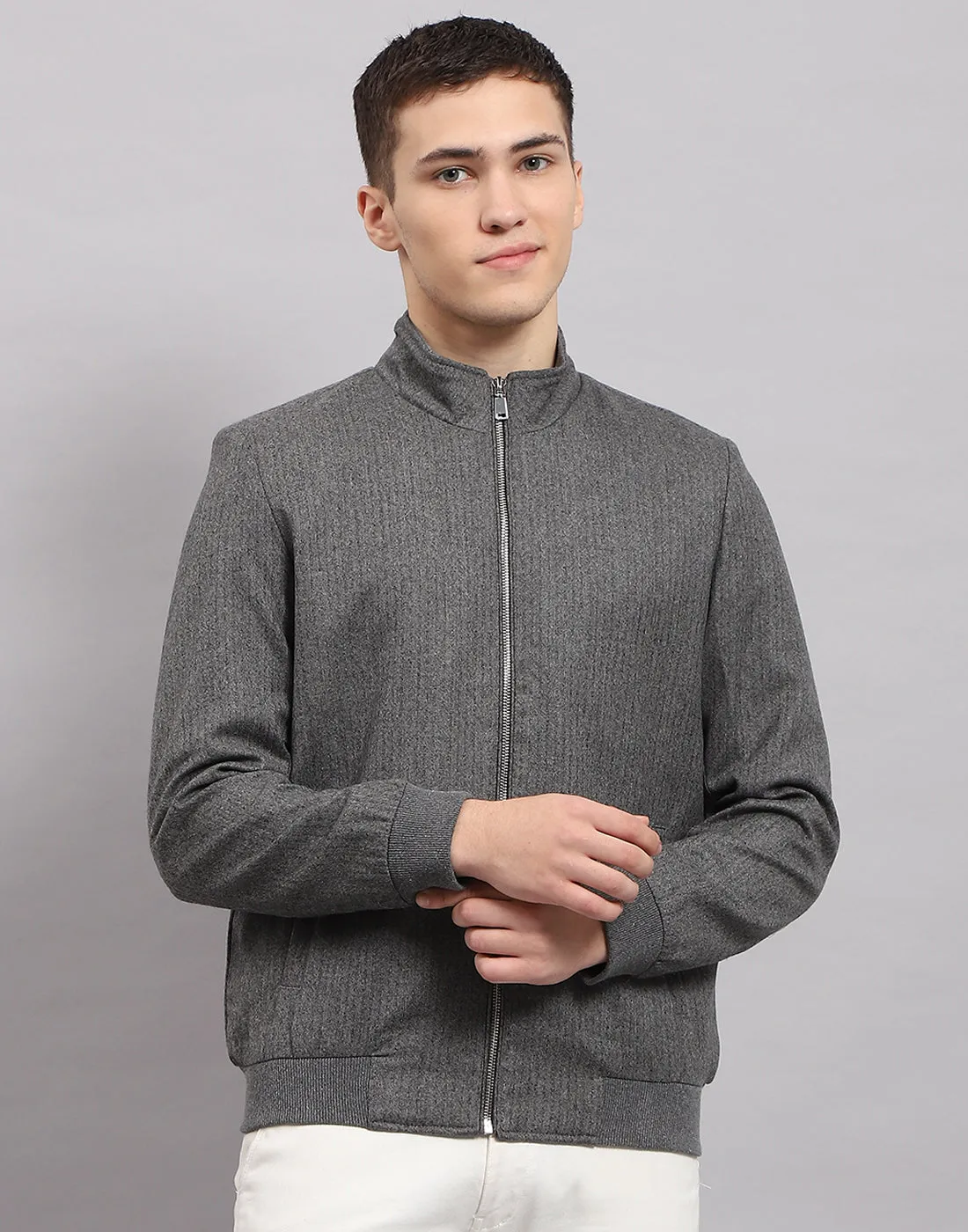 Men Grey Self Design Mock Neck Full Sleeve Jacket