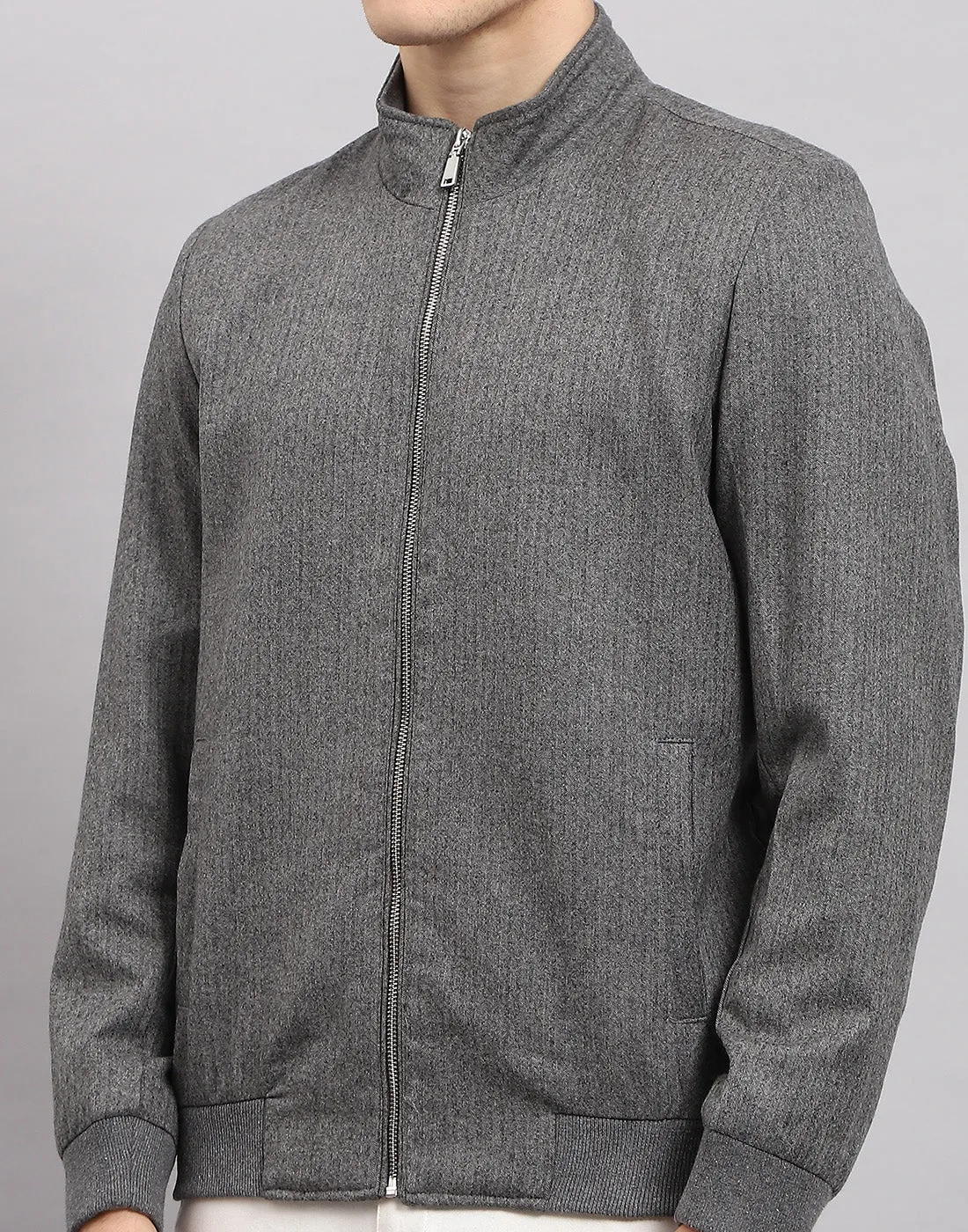 Men Grey Self Design Mock Neck Full Sleeve Jacket