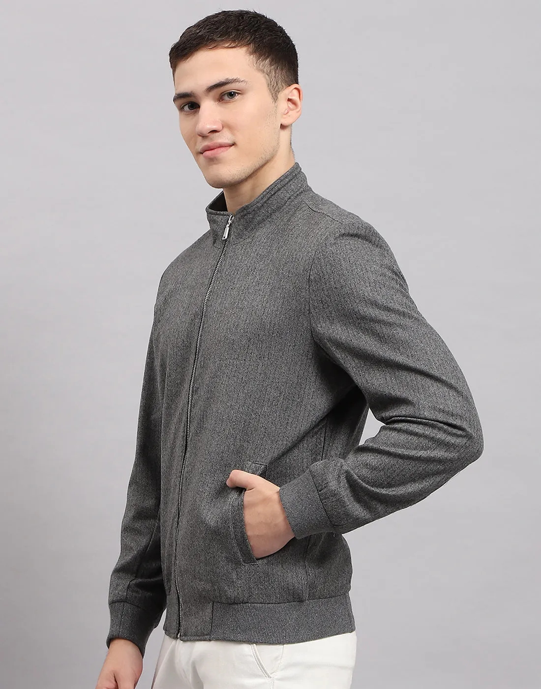 Men Grey Self Design Mock Neck Full Sleeve Jacket