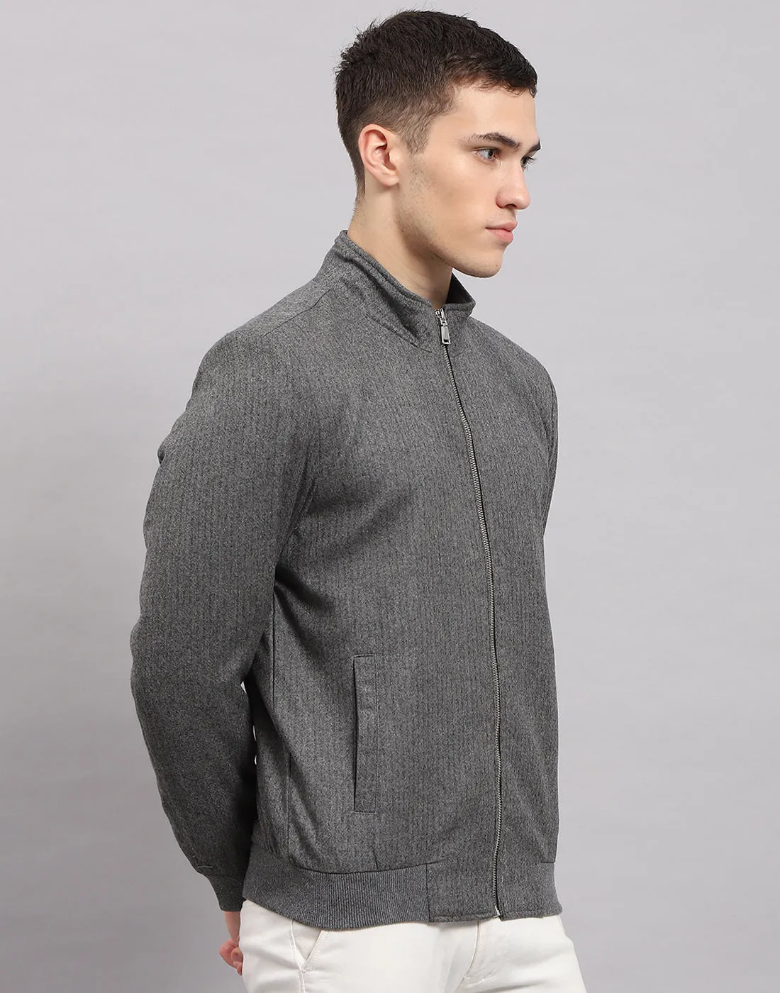 Men Grey Self Design Mock Neck Full Sleeve Jacket