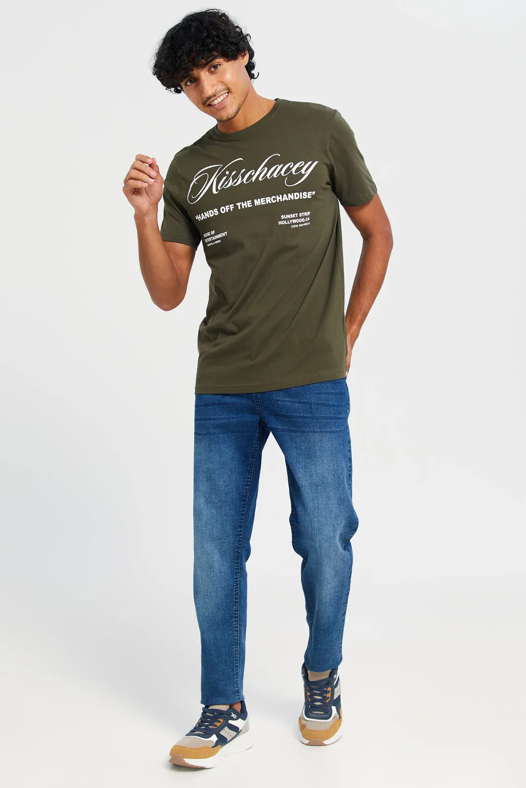 Men Olive Basic Printed  T-Shirt