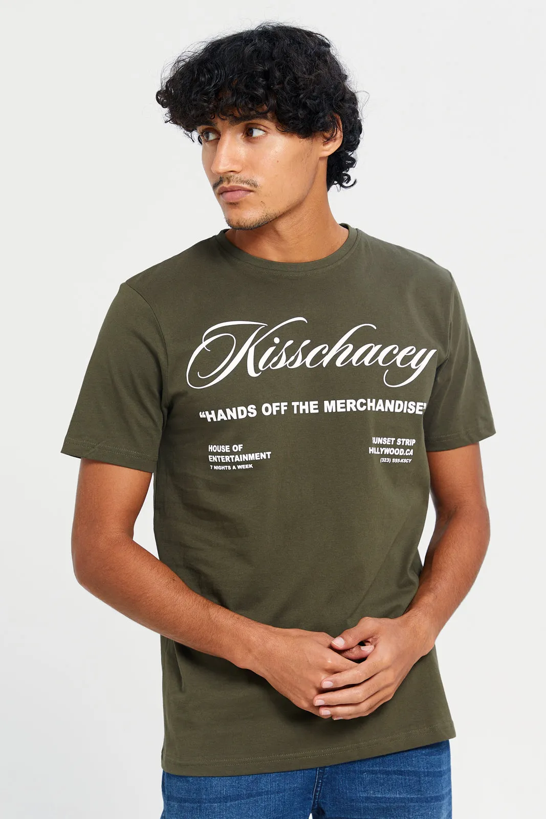 Men Olive Basic Printed  T-Shirt