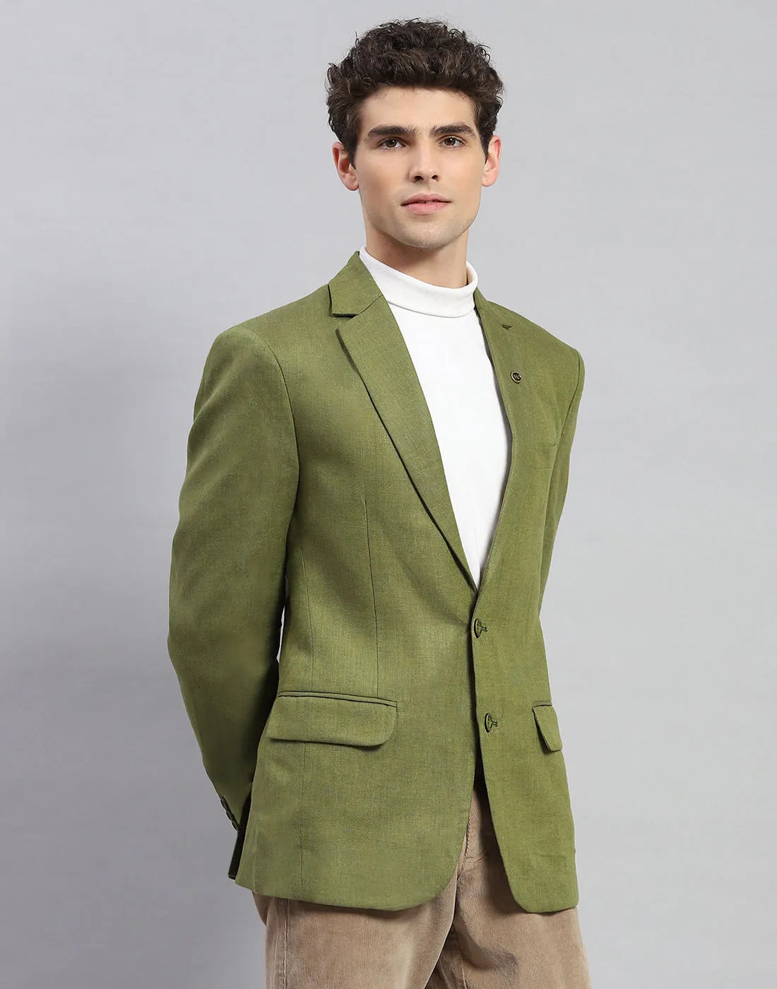 Men Olive Solid Notch Lapel Collar Full Sleeve Blazer