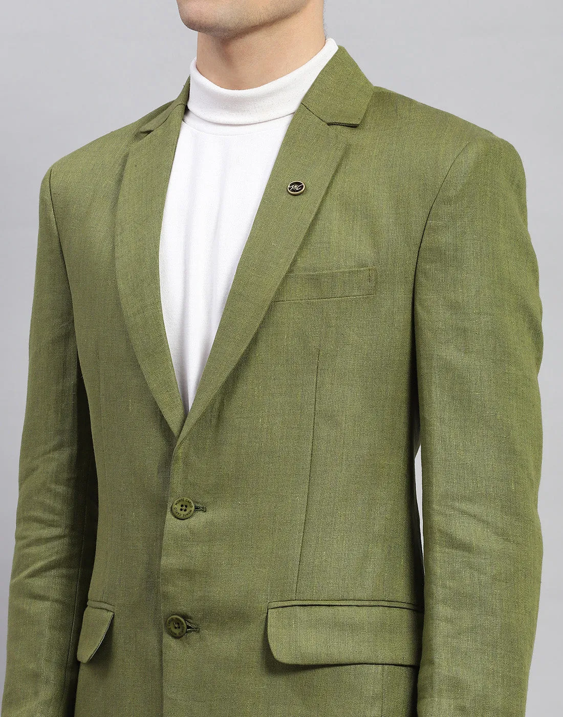 Men Olive Solid Notch Lapel Collar Full Sleeve Blazer