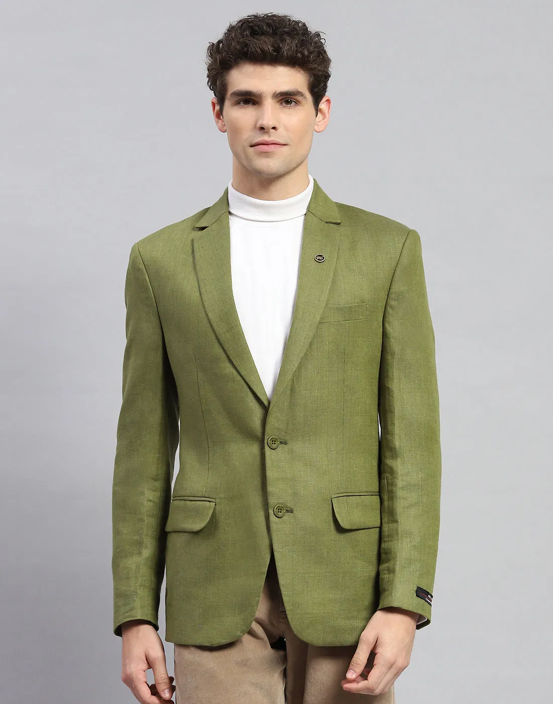 Men Olive Solid Notch Lapel Collar Full Sleeve Blazer