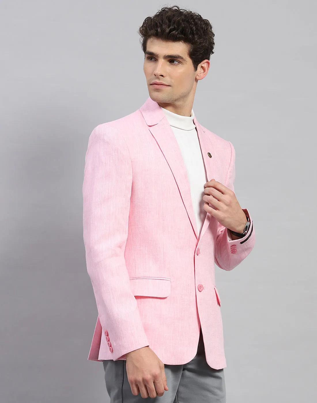 Men Pink Solid Notch Lapel Collar Full Sleeve Blazer