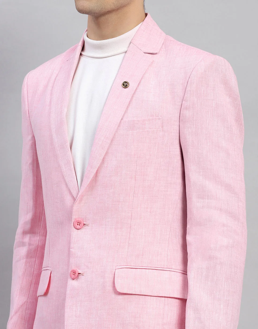 Men Pink Solid Notch Lapel Collar Full Sleeve Blazer