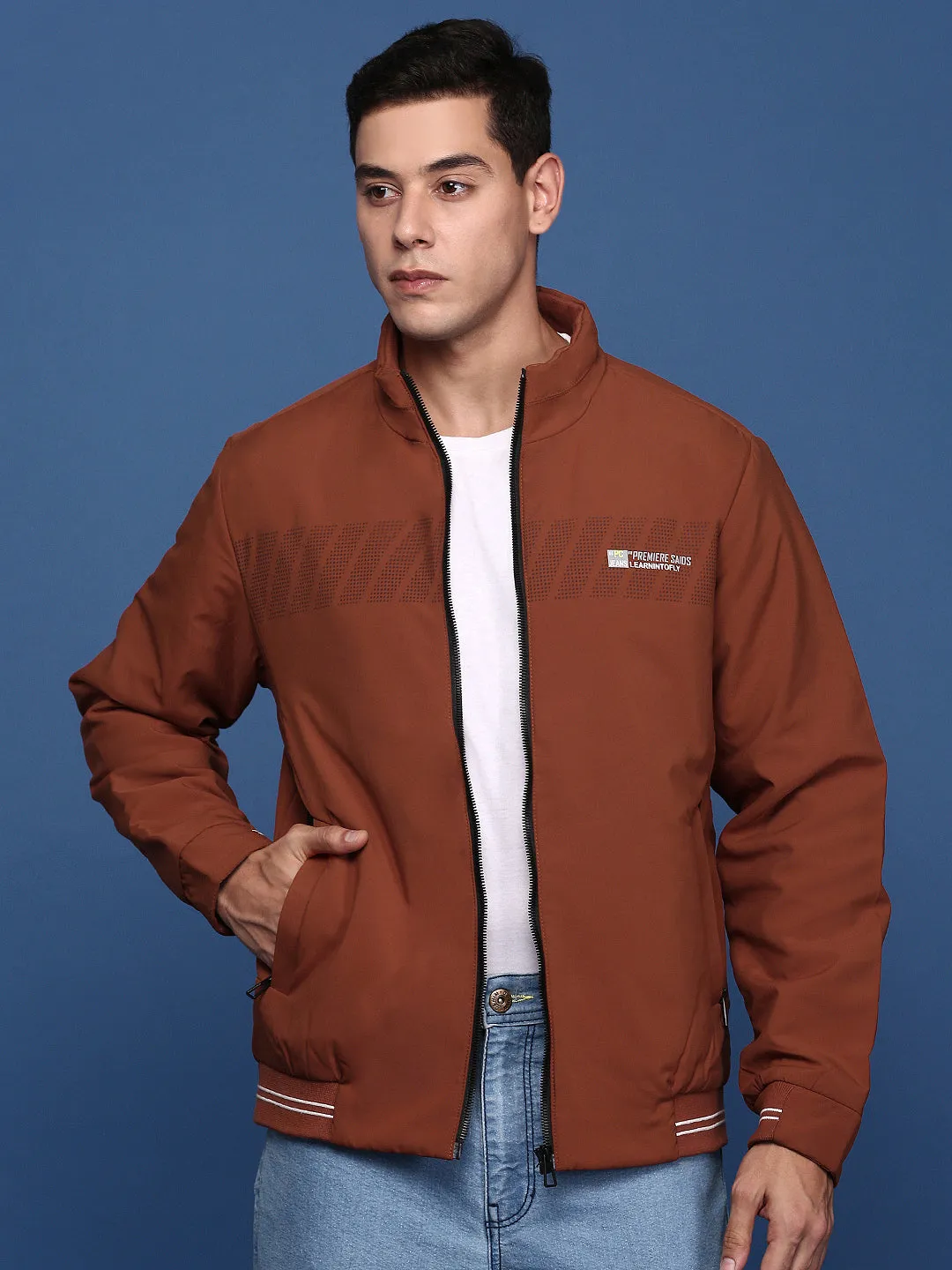 Men Solid Rust Bomber Jacket