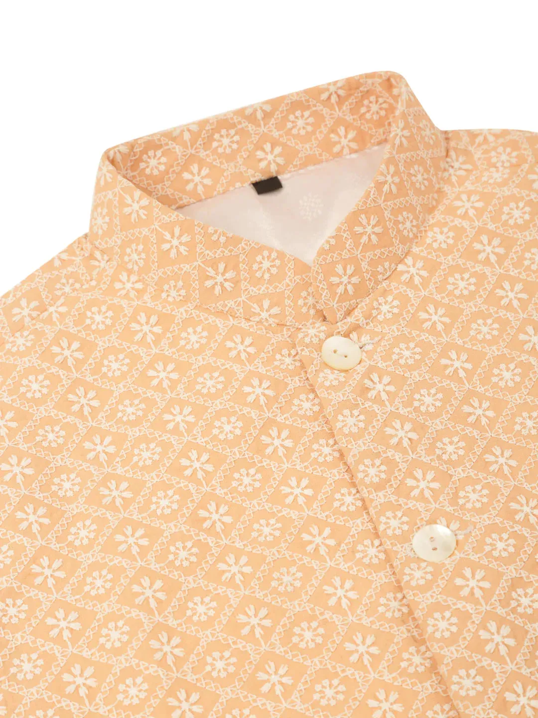 Men White Cotton Blend Kurta With Pyjamas & Orange Embroidered Nehru Jacket