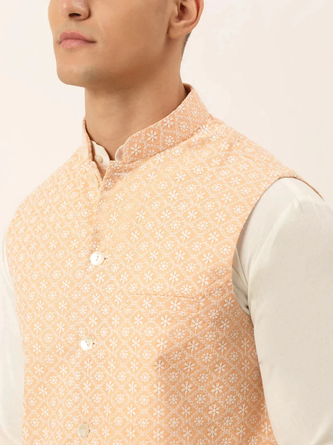 Men White Cotton Blend Kurta With Pyjamas & Orange Embroidered Nehru Jacket