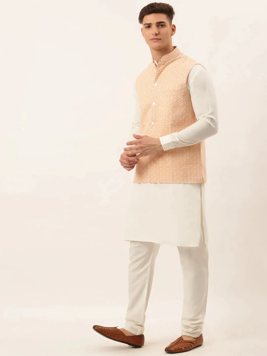 Men White Cotton Blend Kurta With Pyjamas & Orange Embroidered Nehru Jacket