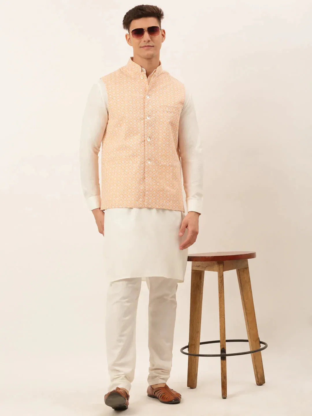 Men White Cotton Blend Kurta With Pyjamas & Orange Embroidered Nehru Jacket