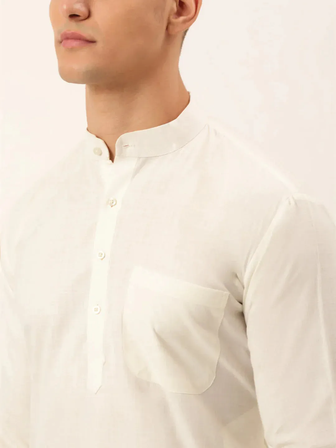 Men White Cotton Blend Kurta With Pyjamas & Orange Embroidered Nehru Jacket