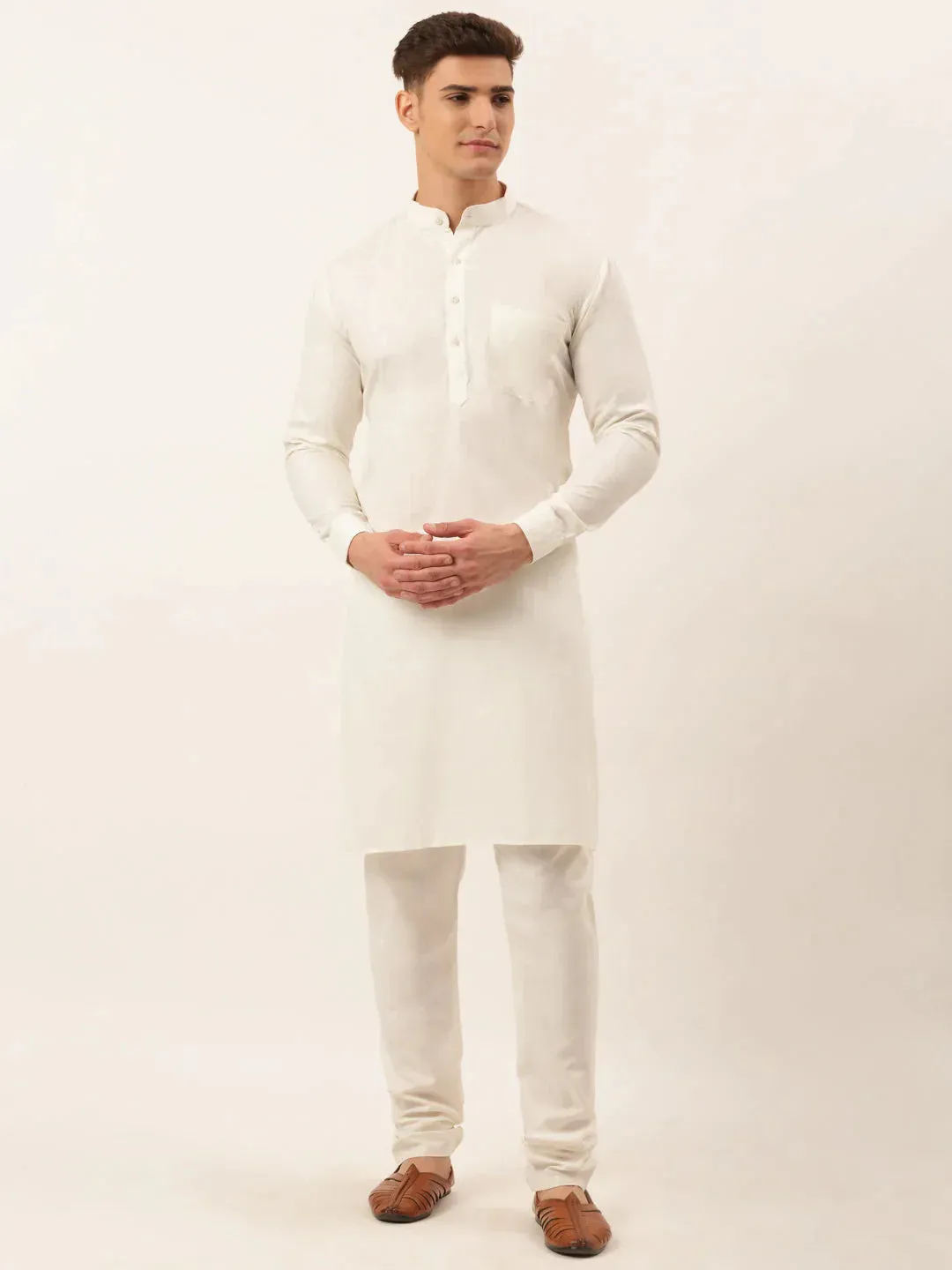 Men White Cotton Blend Kurta With Pyjamas & Orange Embroidered Nehru Jacket