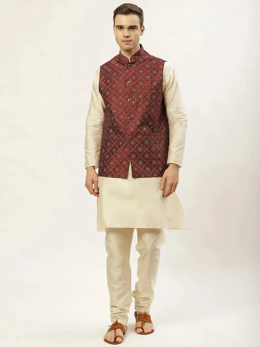 Men'S Printed Nehru Jacket And Kurta Pyjama Set