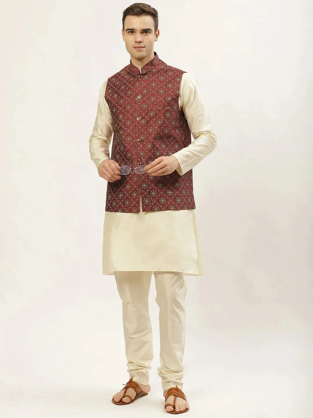 Men'S Printed Nehru Jacket And Kurta Pyjama Set