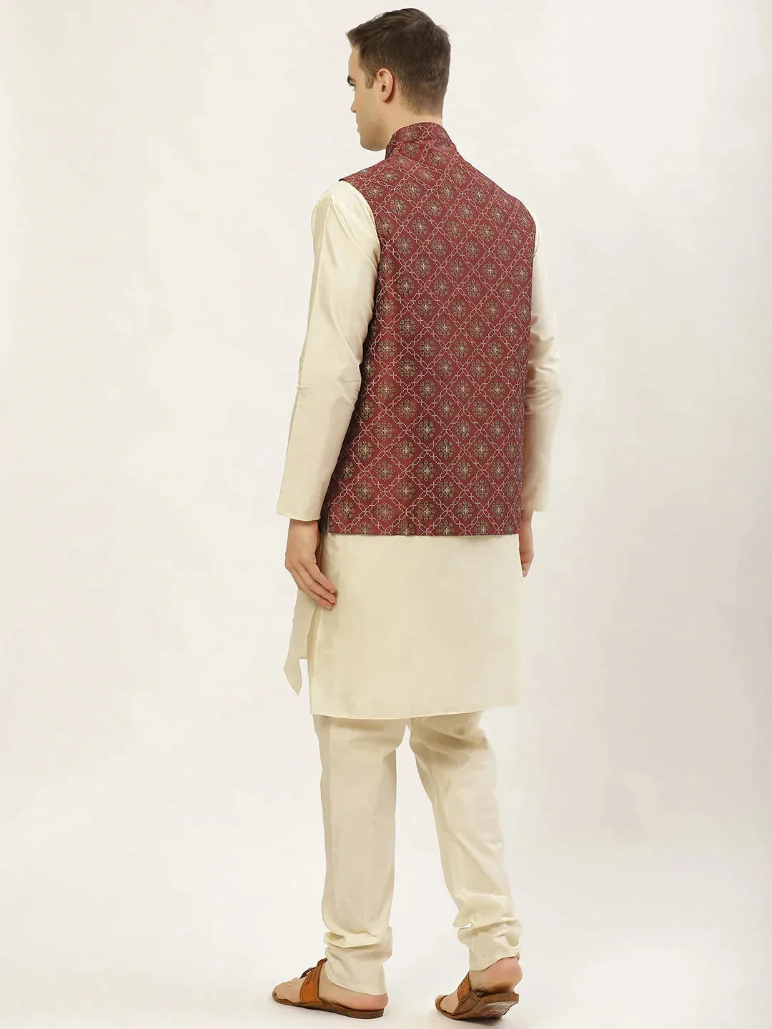 Men'S Printed Nehru Jacket And Kurta Pyjama Set