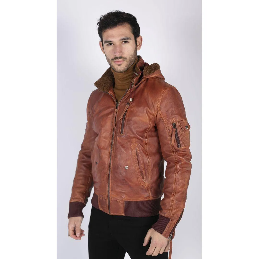 Mens Real Leather Hood Fur Jacket Bomber Aviator Tan Brown Retro