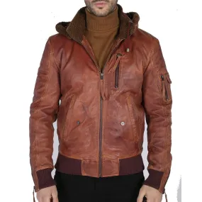 Mens Real Leather Hood Fur Jacket Bomber Aviator Tan Brown Retro