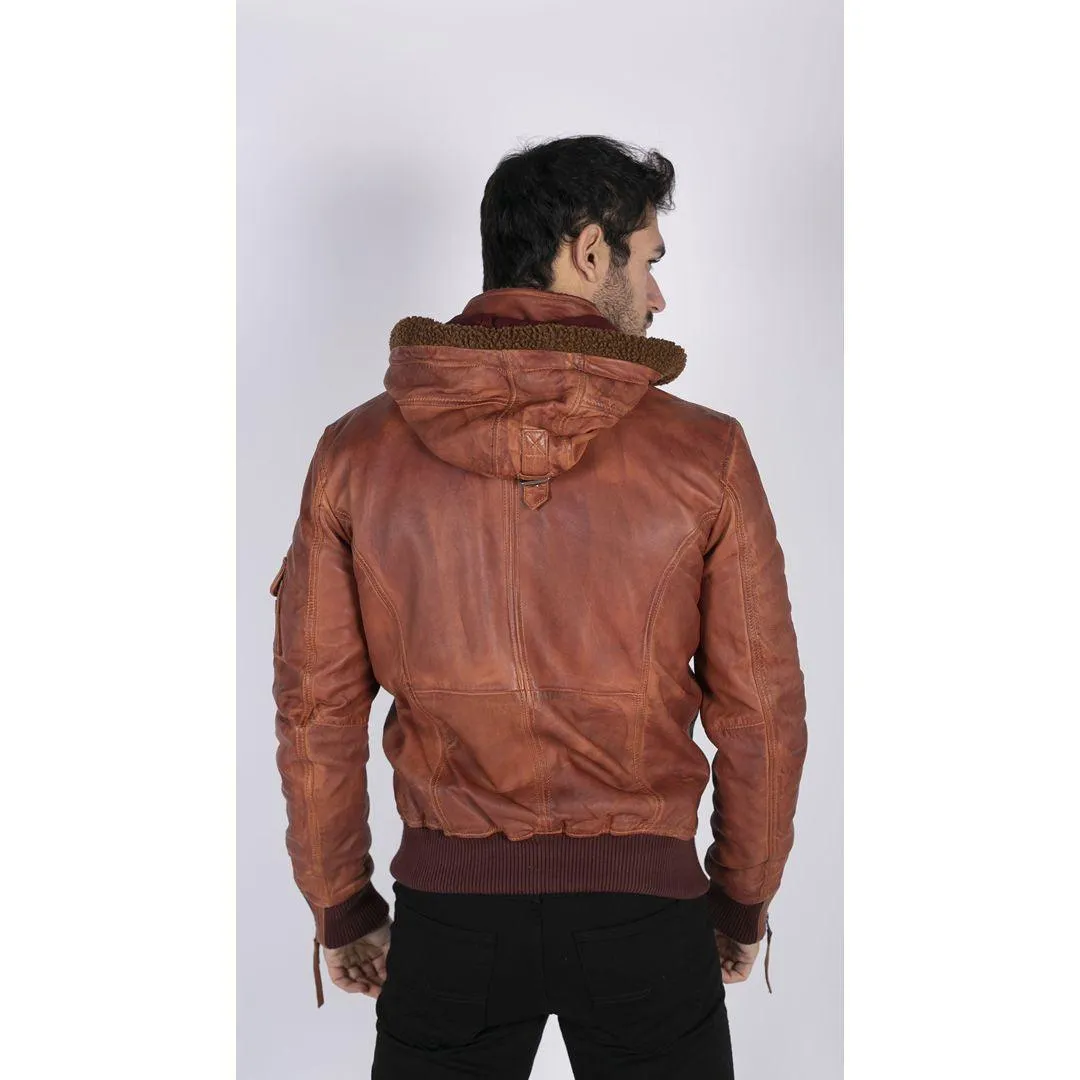 Mens Real Leather Hood Fur Jacket Bomber Aviator Tan Brown Retro