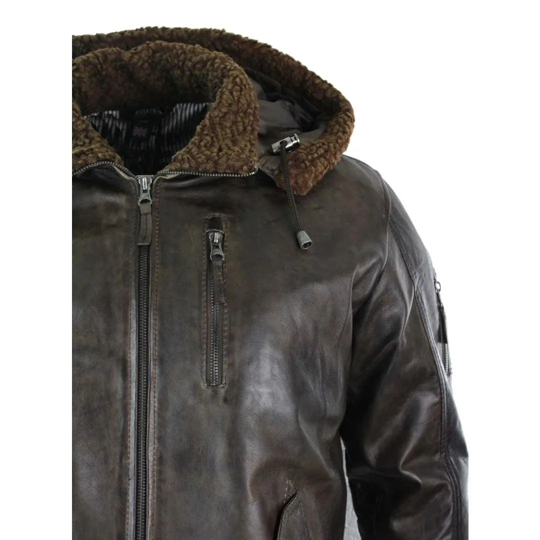 Mens Real Leather Hood Fur Jacket Bomber Aviator Tan Brown Retro