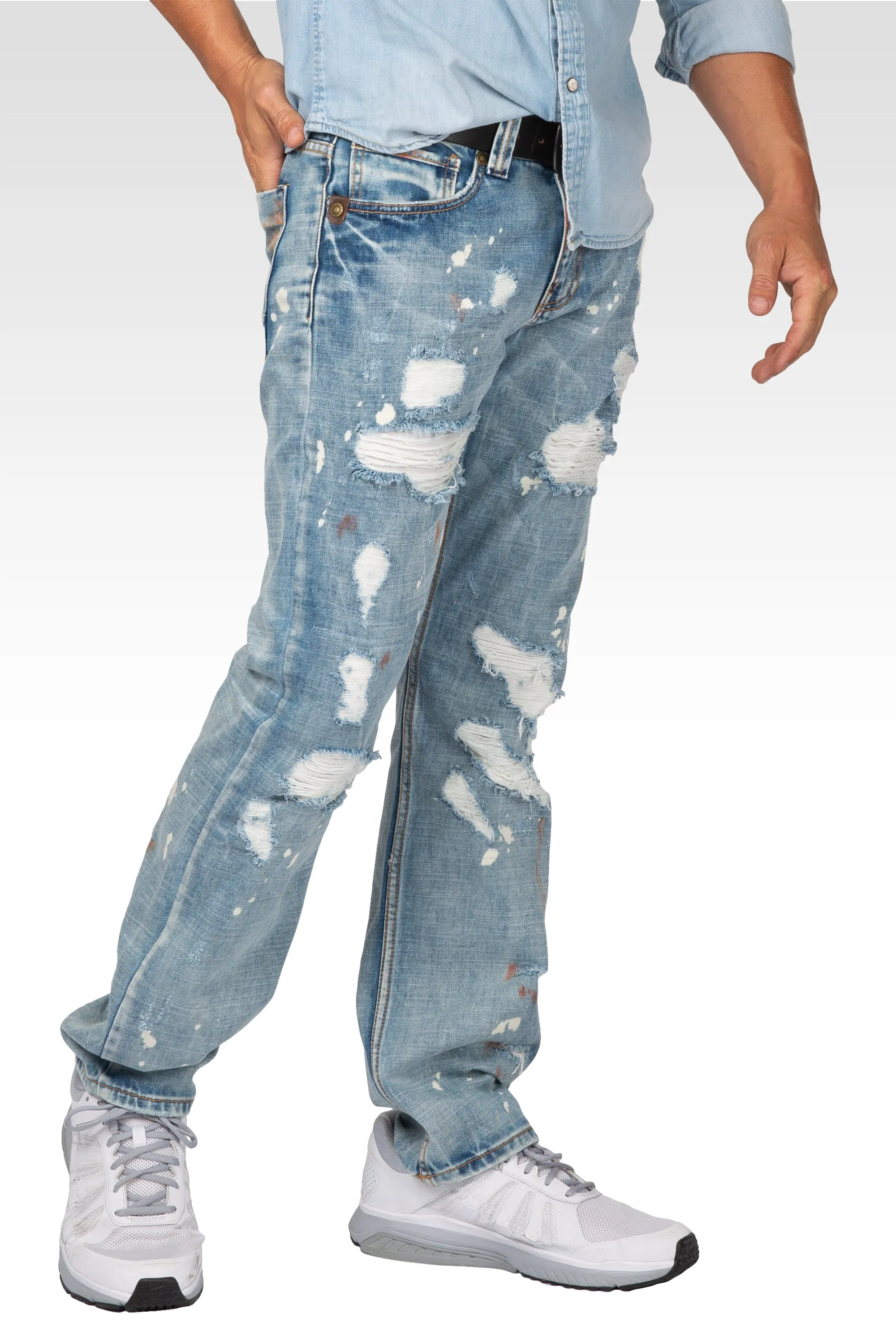 Mens Slim Straight Premium Bleach Washed Distressed Paint Splatter Jeans