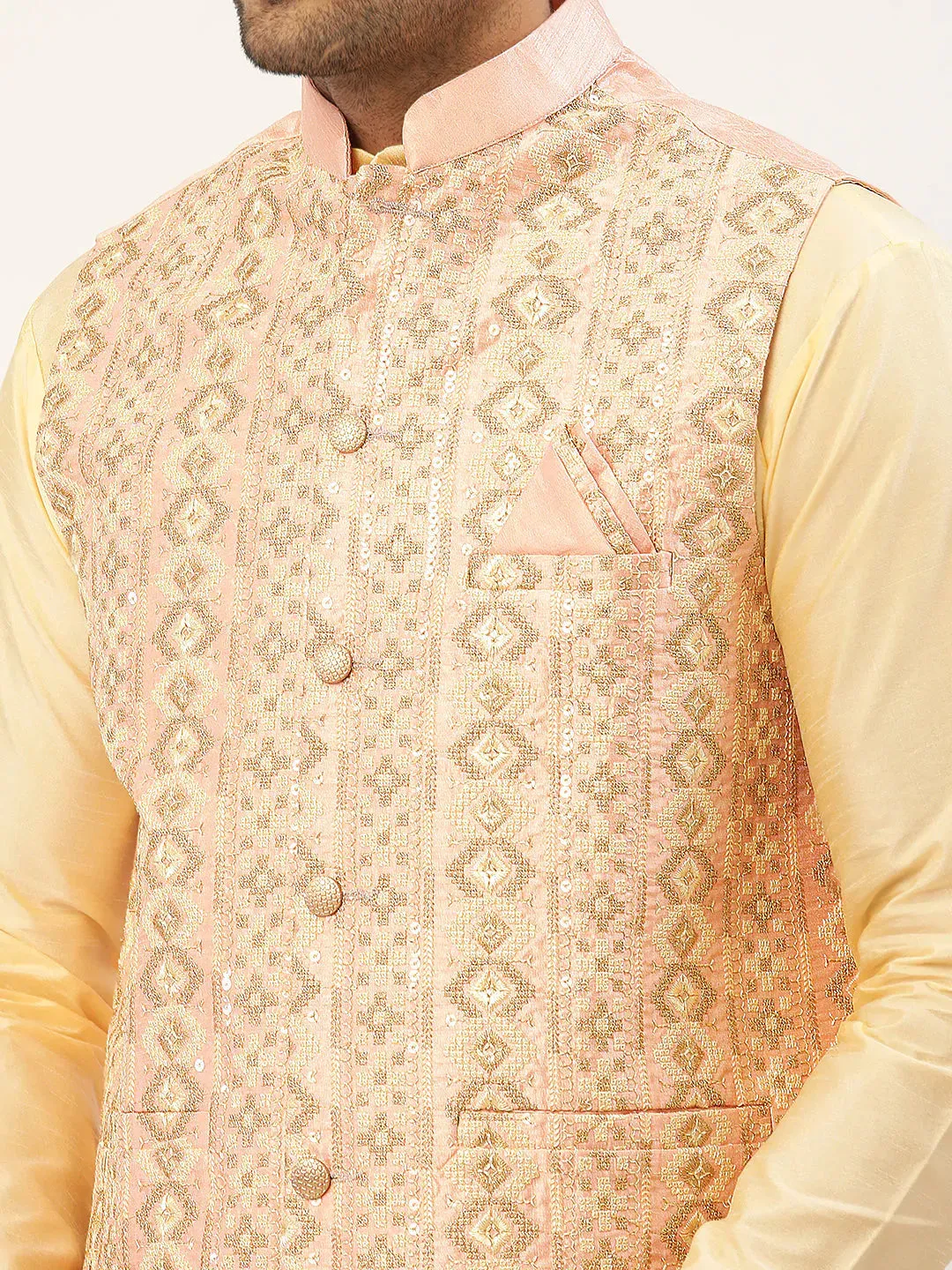 Men'S Solid Kurta Pyjama With Pink Embroidered Nehru Jacket