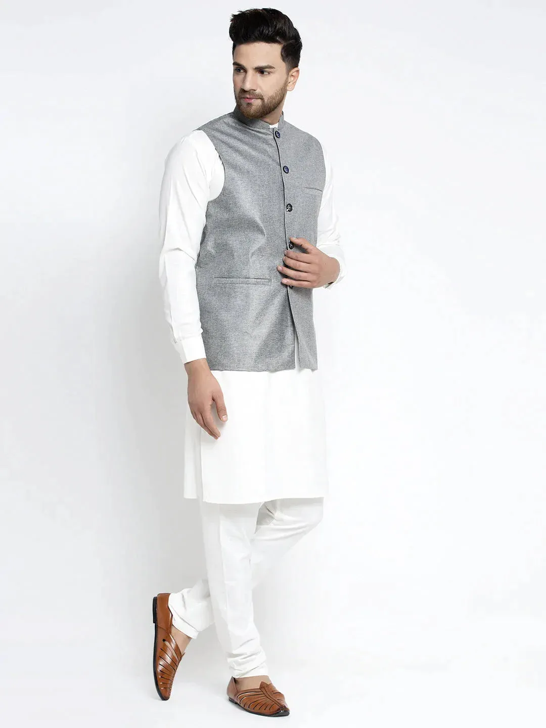 Men'S Solid White Cotton Kurta Payjama With Solid Grey Waistcoat