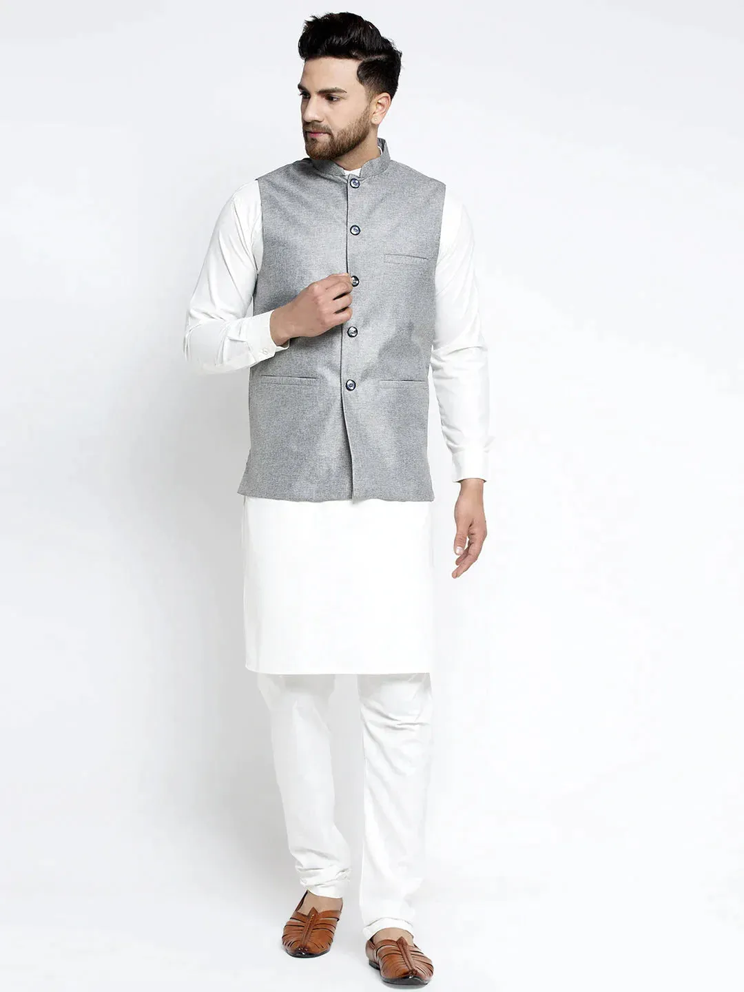 Men'S Solid White Cotton Kurta Payjama With Solid Grey Waistcoat