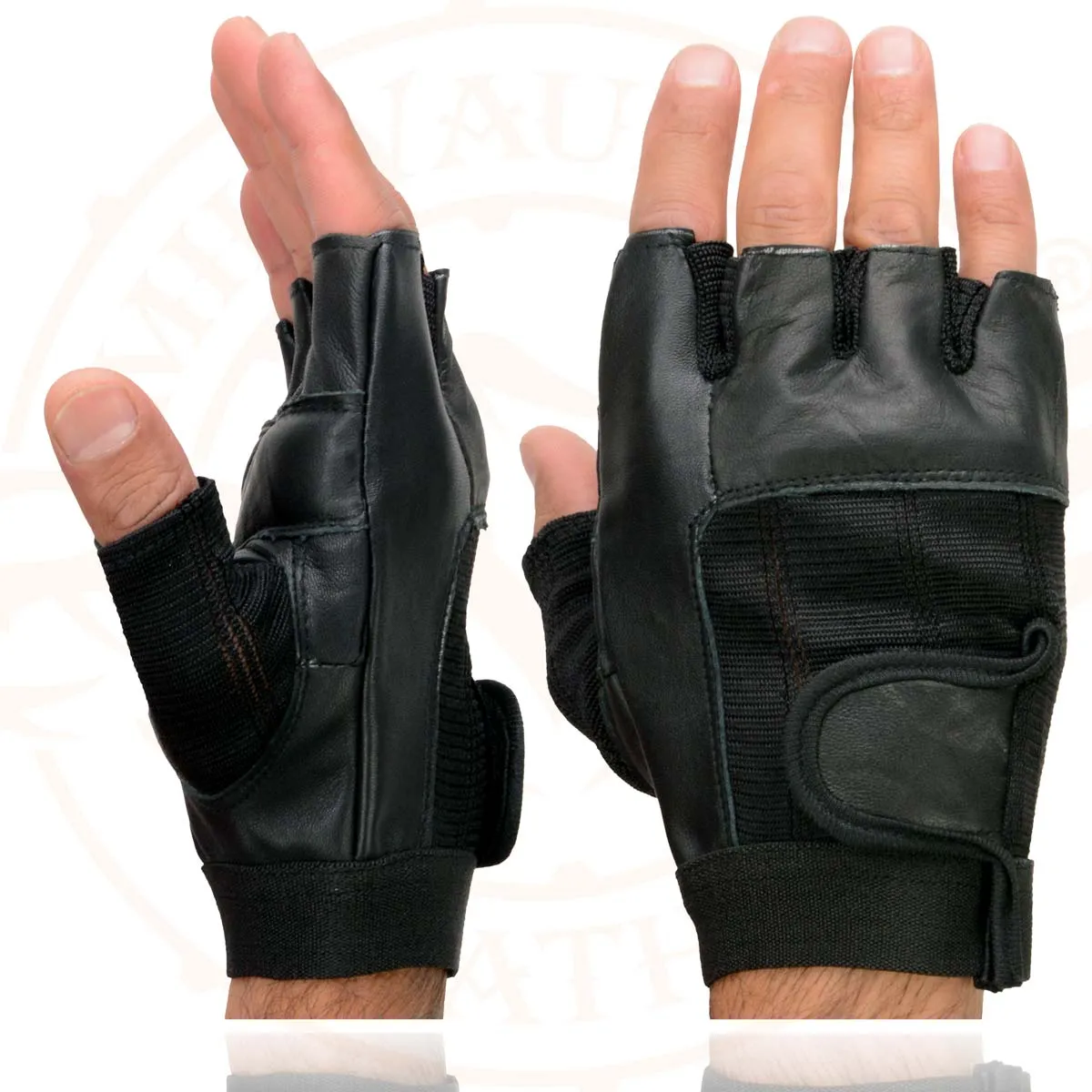 Milwaukee Leather SH217 Men's Black Leather Gel Padded Palm Fingerless Motorcycle Hand Gloves W/ Breathable ‘Mesh Material’