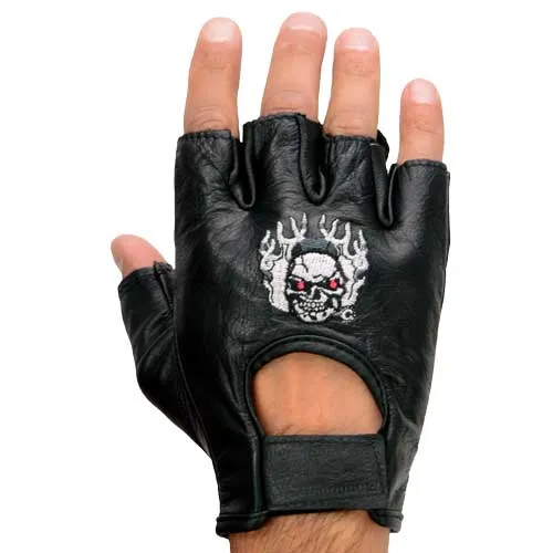 Milwaukee Leather SH351 Men's 'Flaming Skull' Black Leather Fingerless Gloves