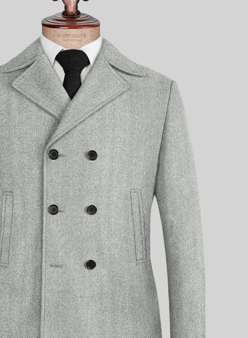 Naples Wide Herringbone Light Gray Tweed Pea Coat