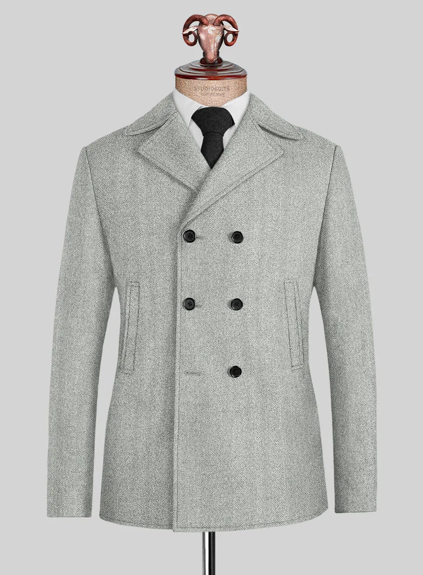 Naples Wide Herringbone Light Gray Tweed Pea Coat