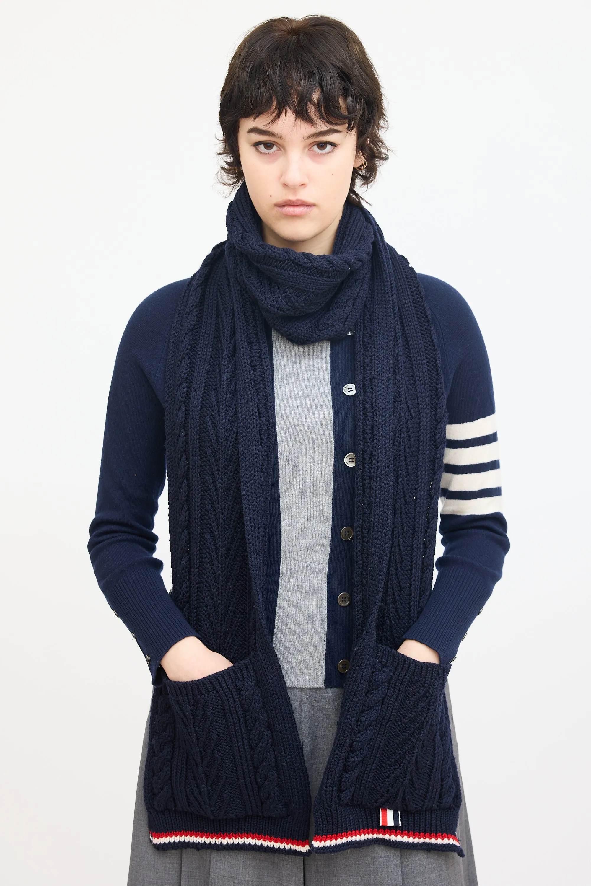 Navy Cable Knit Pocket Scarf