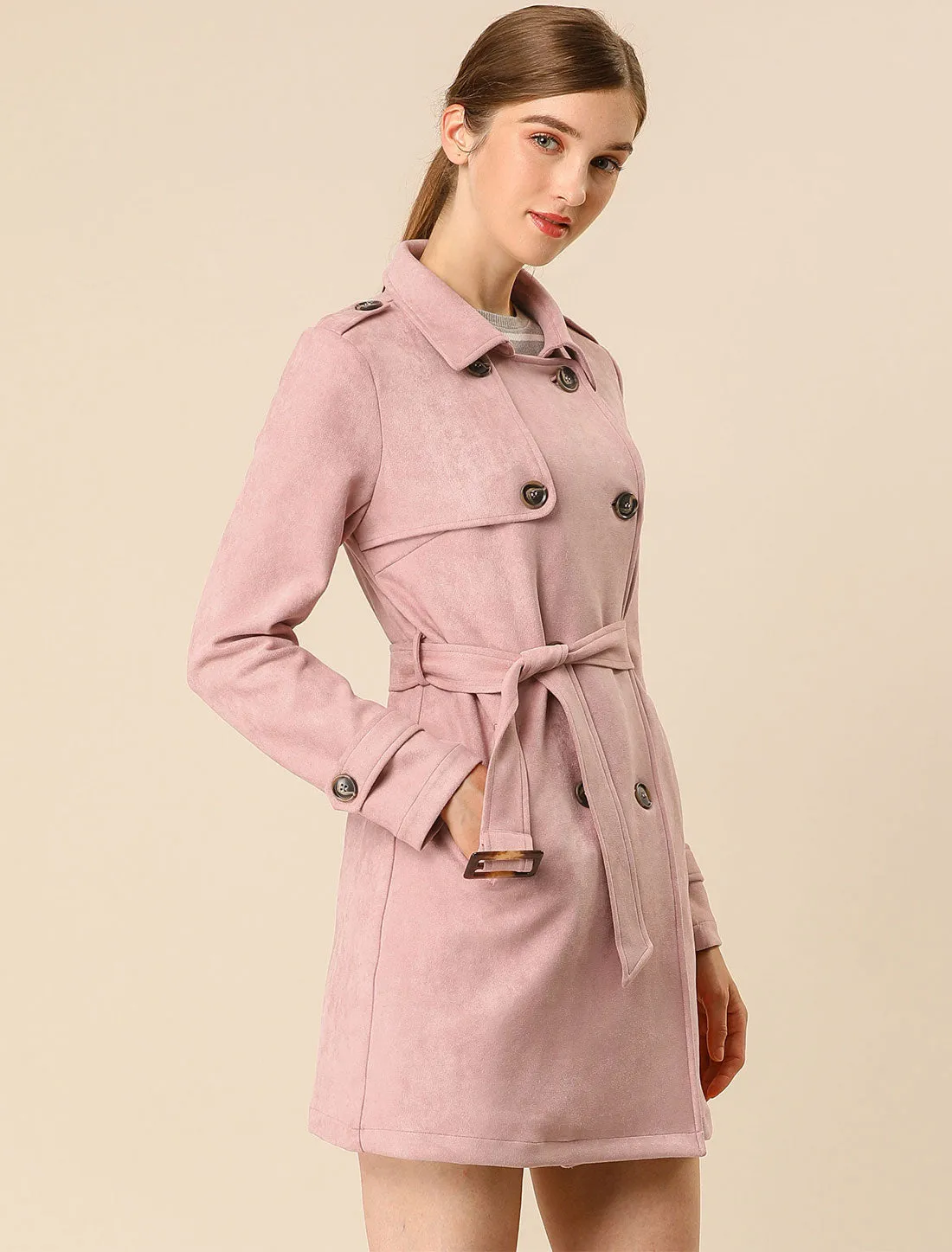 Notched Lapel Double Breasted Faux Suede Trench Coat Jacket with Belt