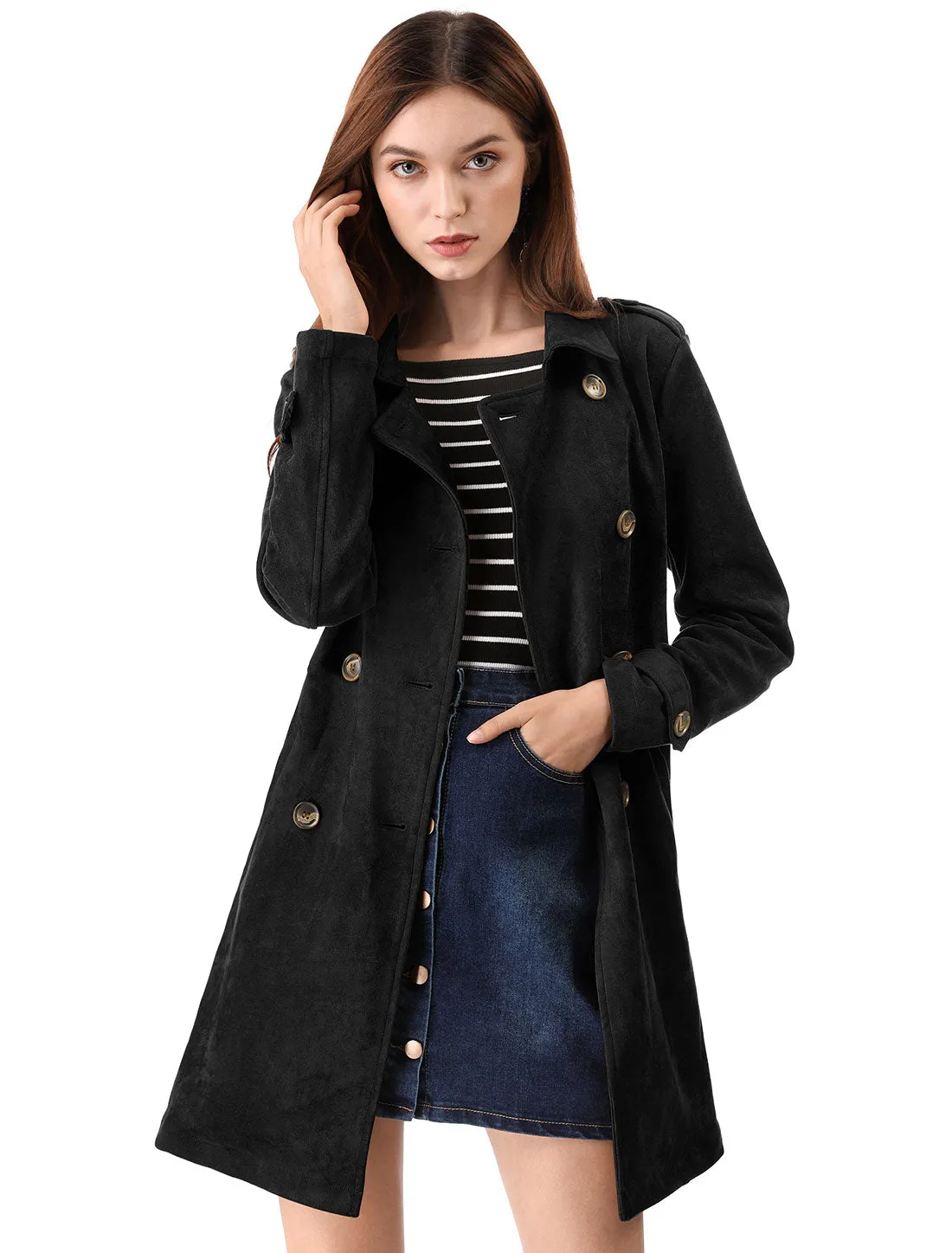 Notched Lapel Double Breasted Faux Suede Trench Coat Jacket with Belt