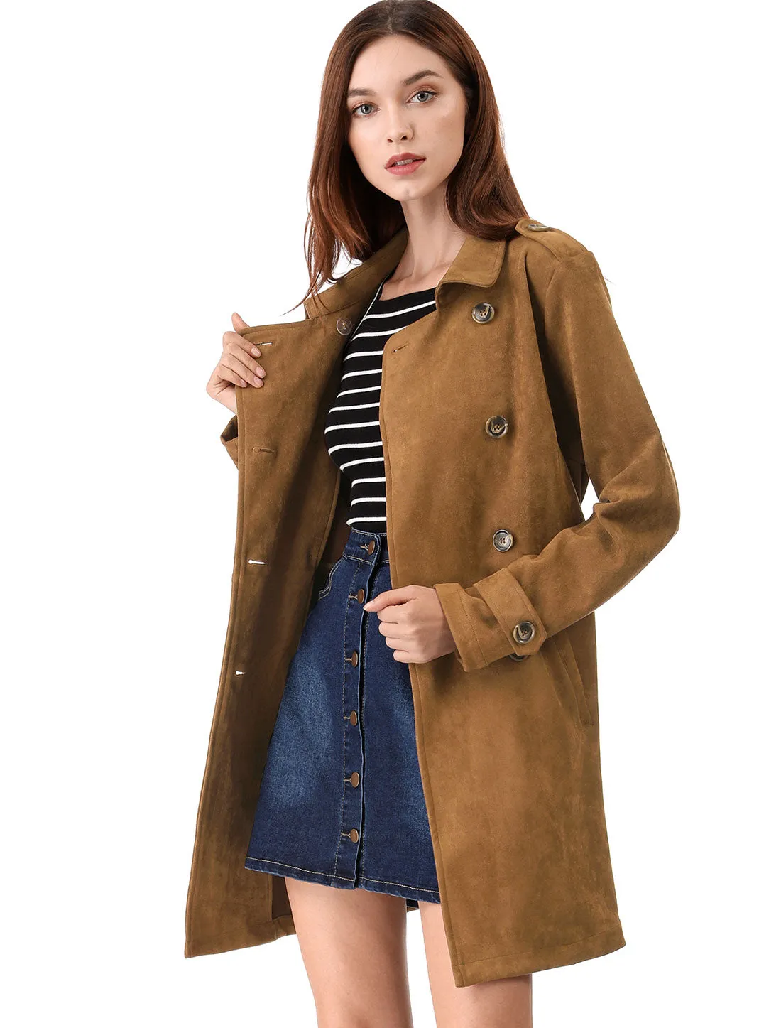 Notched Lapel Double Breasted Faux Suede Trench Coat Jacket with Belt