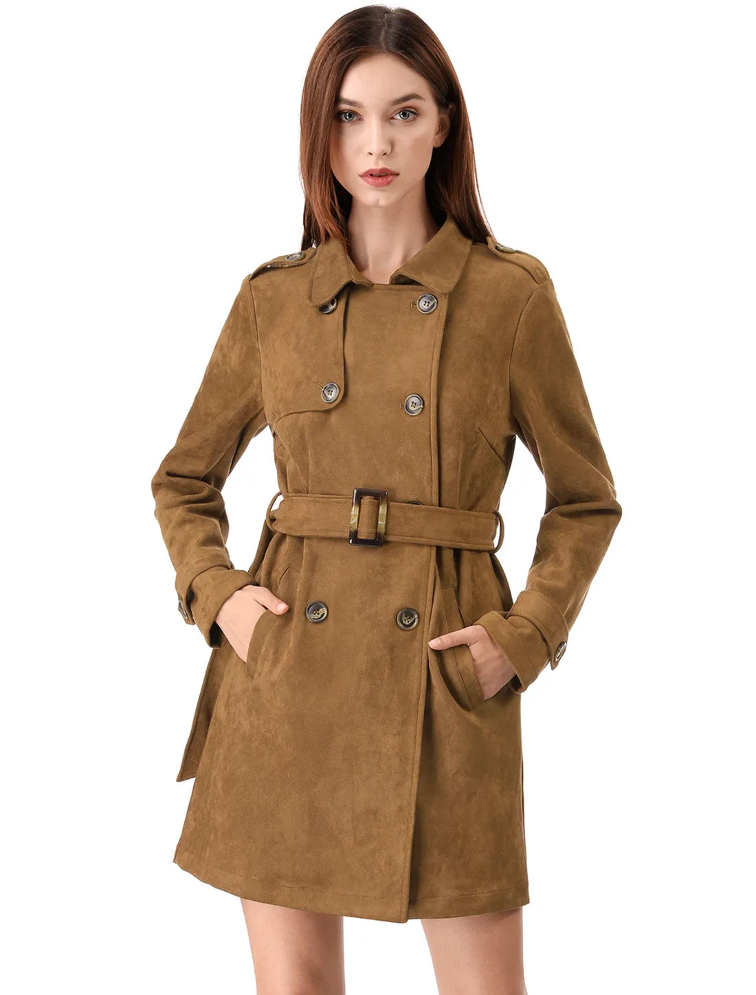 Notched Lapel Double Breasted Faux Suede Trench Coat Jacket with Belt