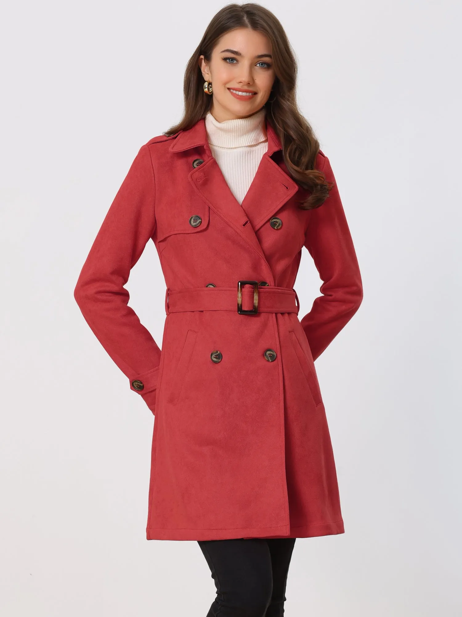 Notched Lapel Double Breasted Faux Suede Trench Coat Jacket with Belt