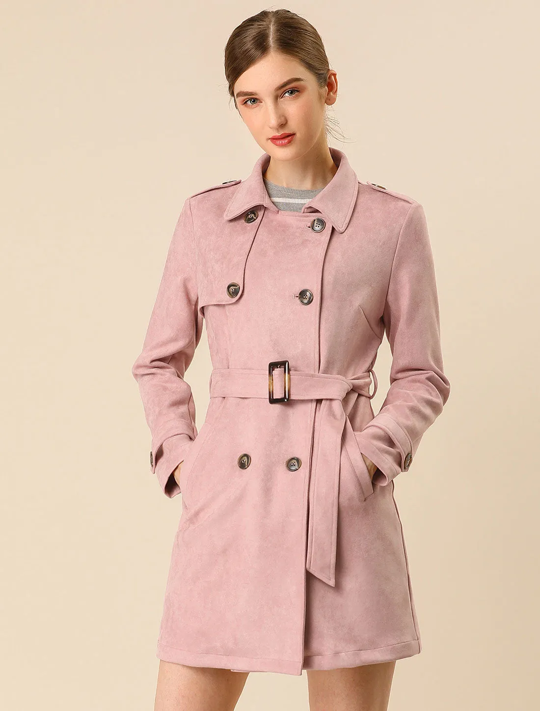 Notched Lapel Double Breasted Faux Suede Trench Coat Jacket with Belt