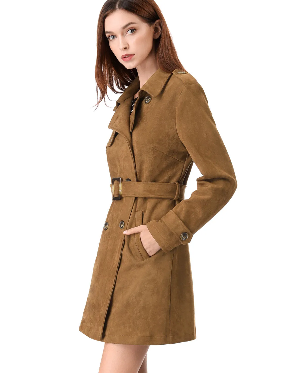 Notched Lapel Double Breasted Faux Suede Trench Coat Jacket with Belt