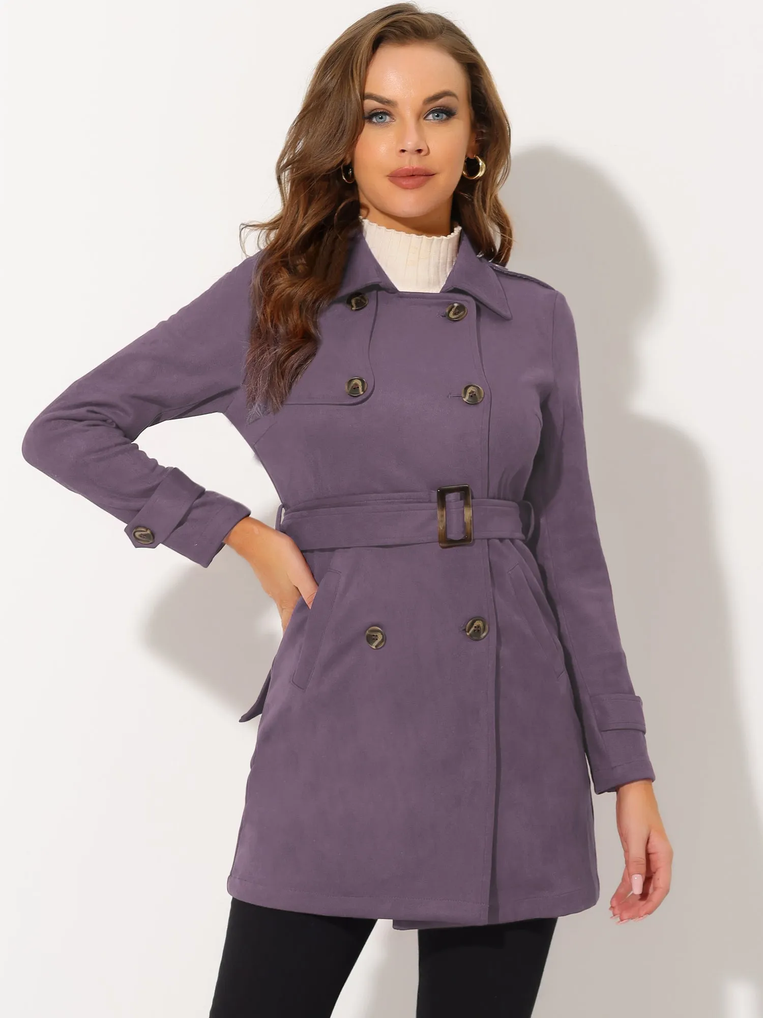 Notched Lapel Double Breasted Faux Suede Trench Coat Jacket with Belt