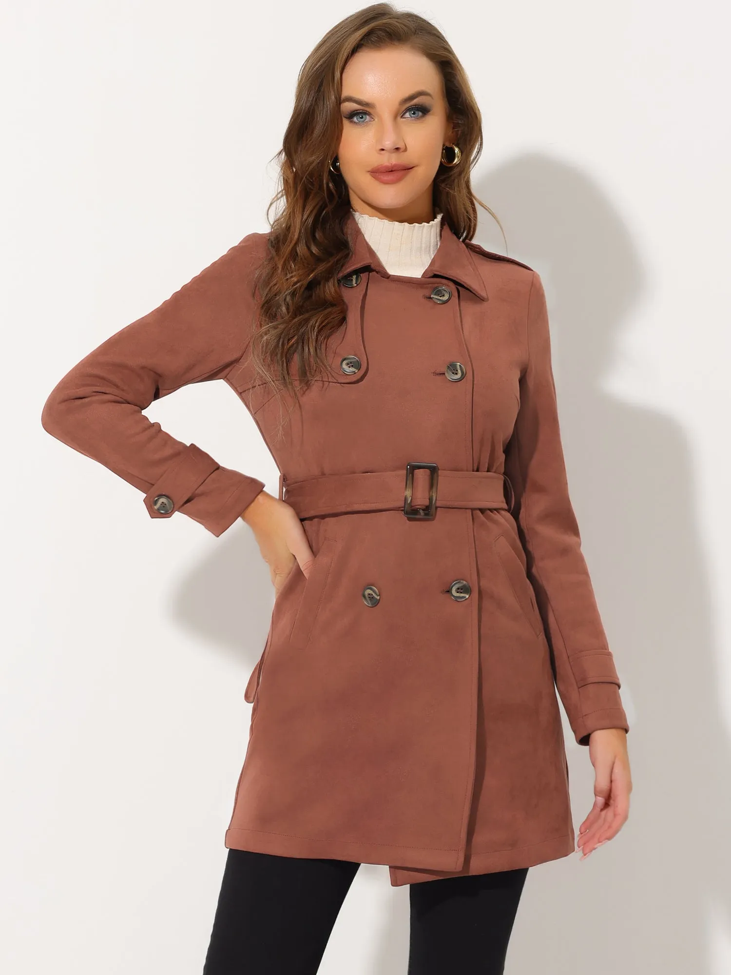 Notched Lapel Double Breasted Faux Suede Trench Coat Jacket with Belt