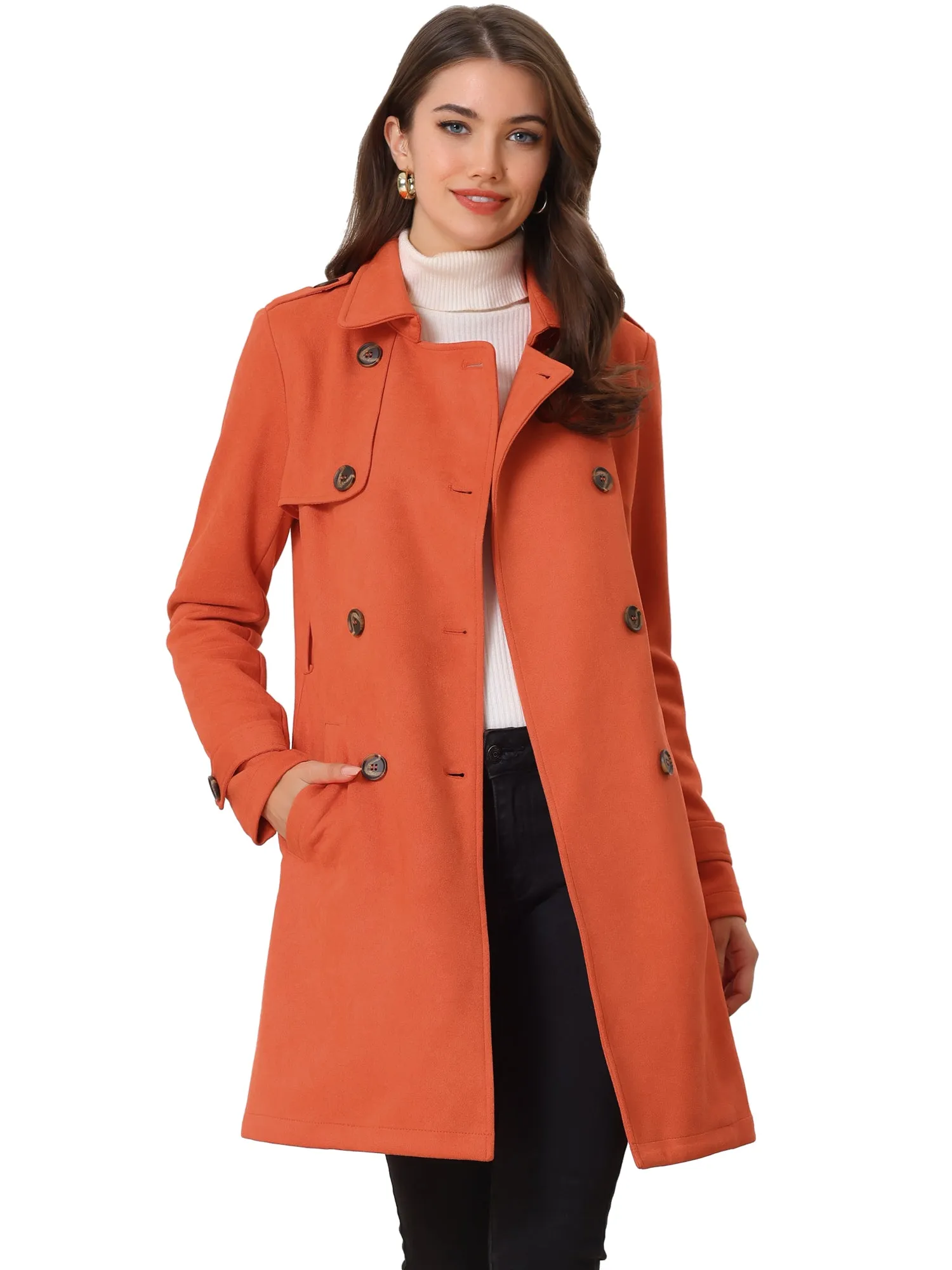 Notched Lapel Double Breasted Faux Suede Trench Coat Jacket with Belt