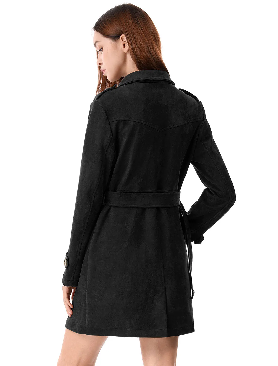 Notched Lapel Double Breasted Faux Suede Trench Coat Jacket with Belt