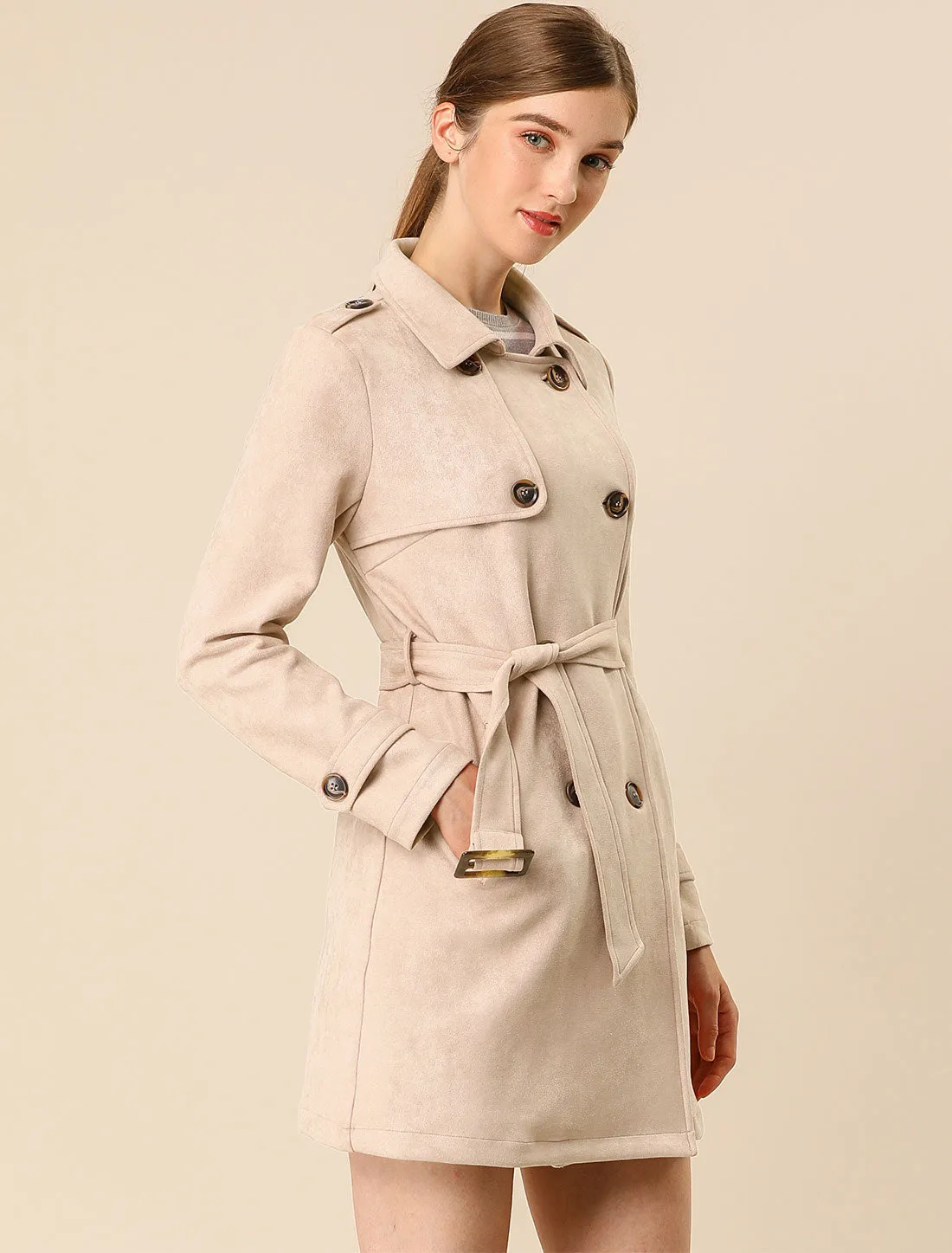 Notched Lapel Double Breasted Faux Suede Trench Coat Jacket with Belt