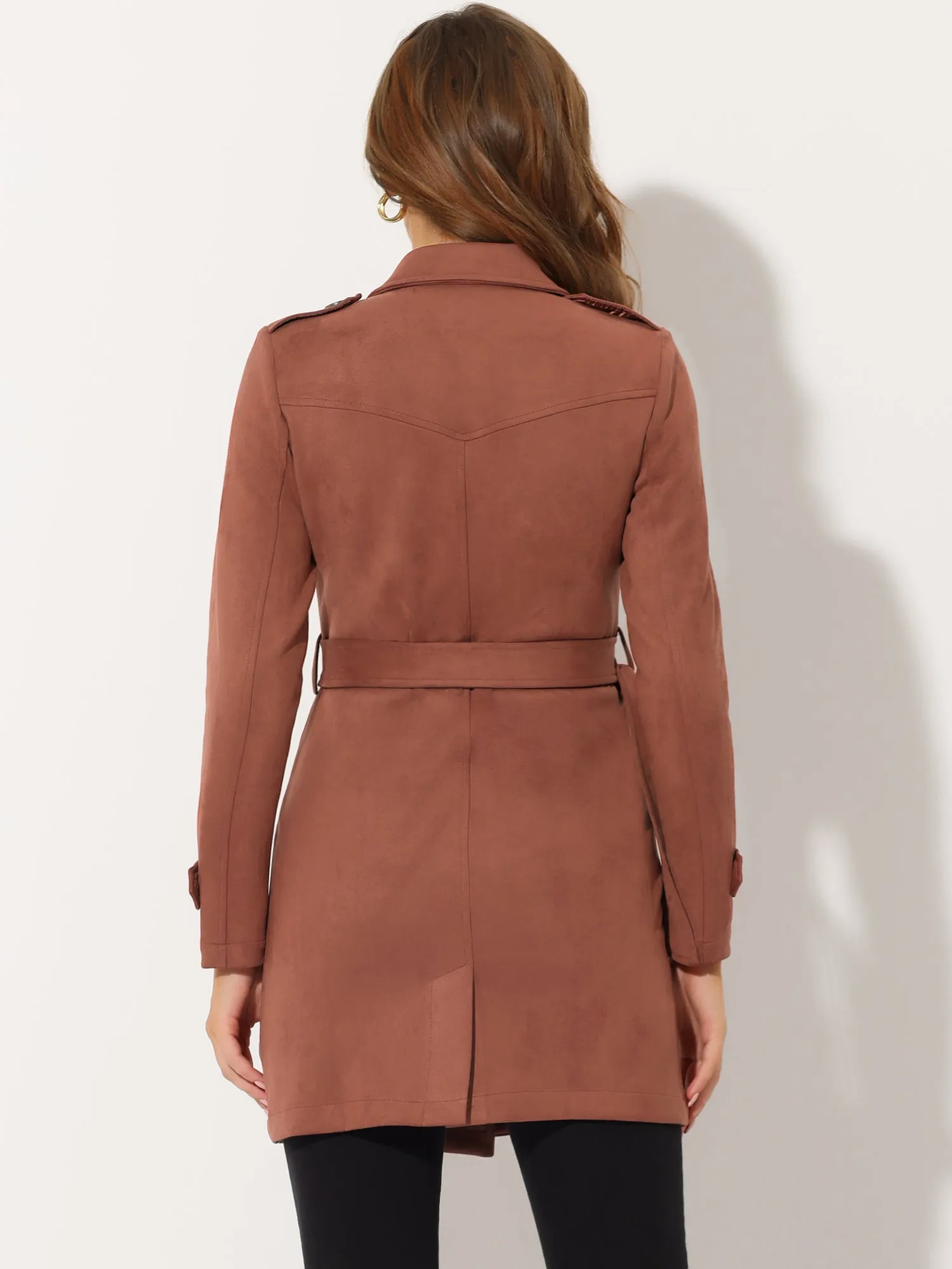 Notched Lapel Double Breasted Faux Suede Trench Coat Jacket with Belt