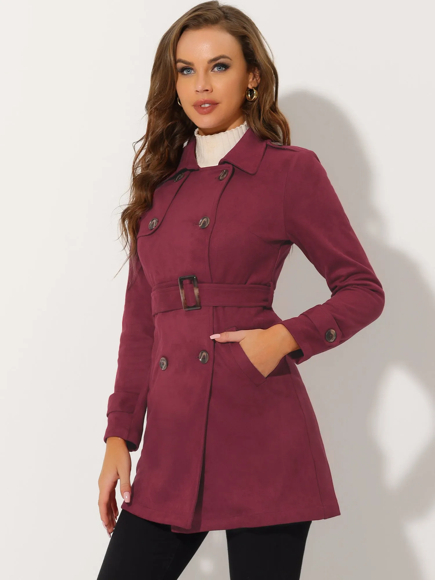 Notched Lapel Double Breasted Faux Suede Trench Coat Jacket with Belt